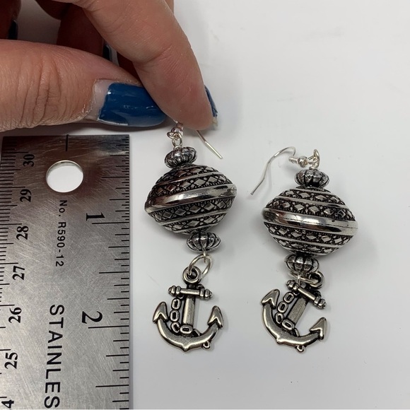 Silver Toned Globe and Anchor Dangle Earrings - Picture 3 of 7